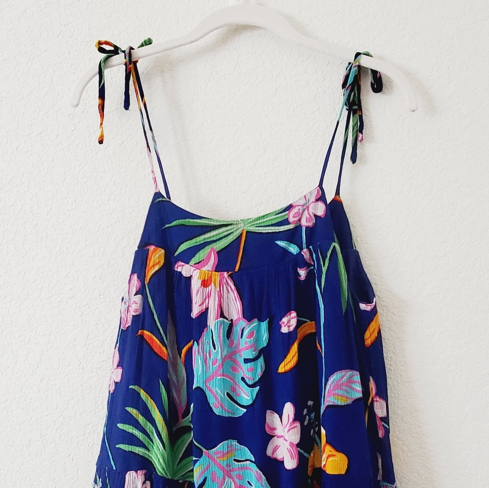 Tori Richard Tropical Floral Print Light Gauze Crinkle Tie Shoulders Dress XS - Picture 3 of 11